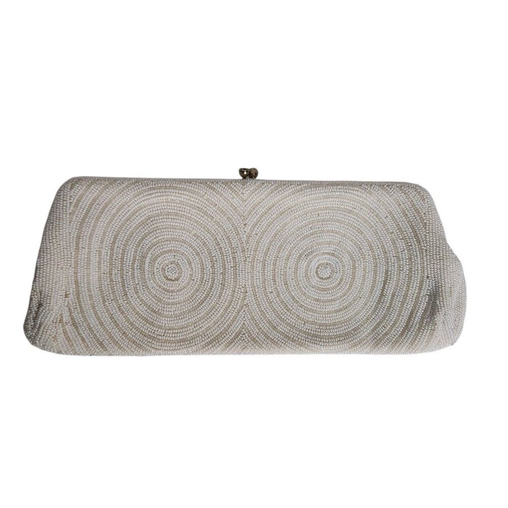 Vintage Heavily Beaded Kiss Lock Clutch White Glam Prom Lined Purse